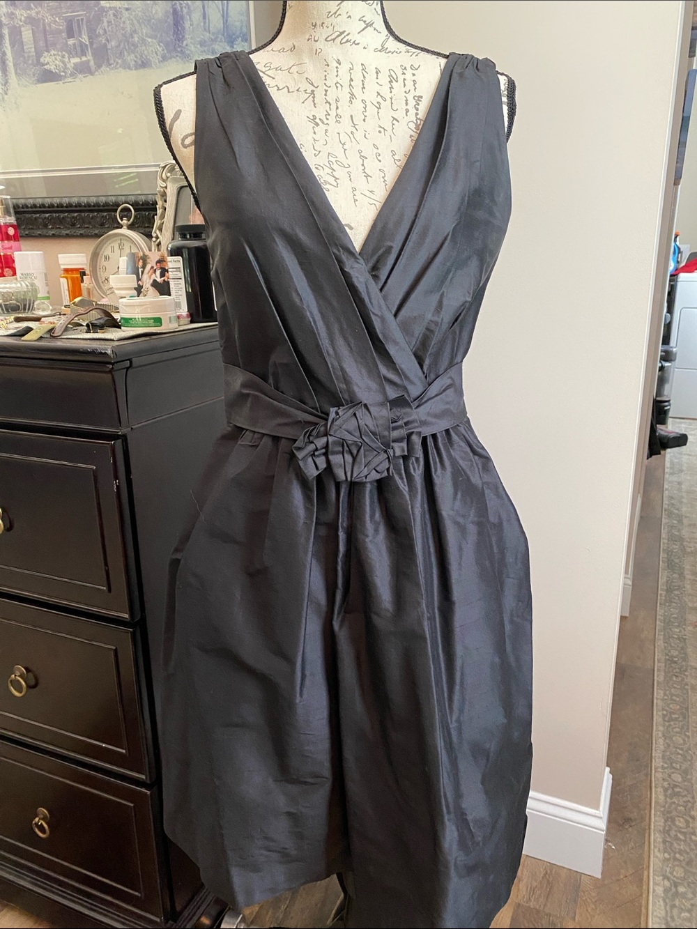 White House Black Market Black V-Neck Sleeveless Dress with Waist Rosette